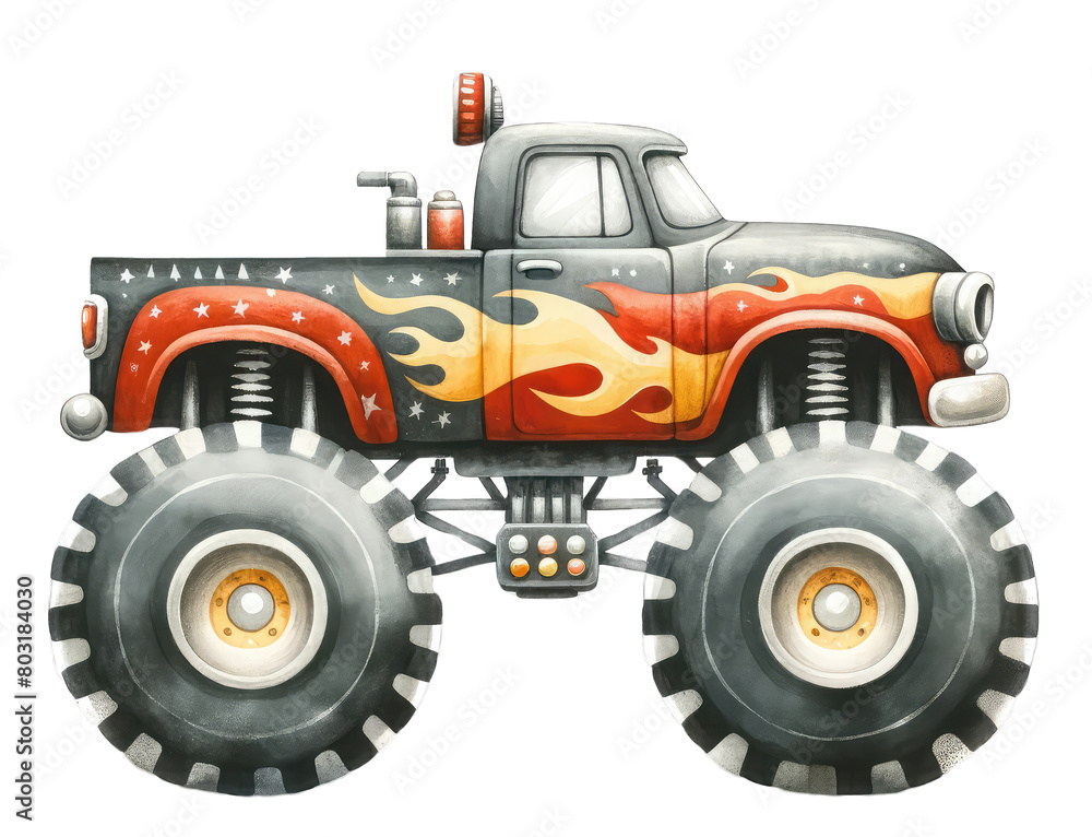 Big red monster truck with giant wheels and flames on the side.