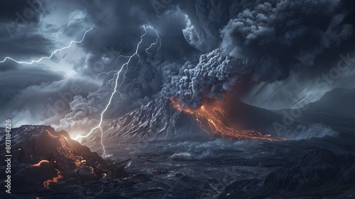 Dramatic Volcanic Eruption with Lightning Streaking Through Ash Filled Sky