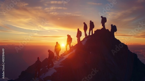 Silhouette of the team on the mountain. Leadership Concept