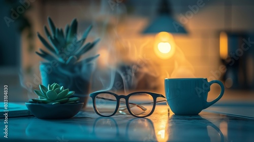 Morning tranquility  Sleek rimless glasses and a steaming cup of coffee on a marble kitchen counter
