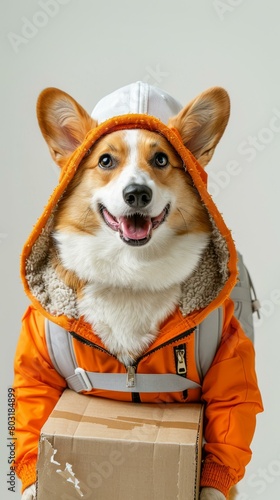 A happy looking corgi dog wearing an orange space suit and carrying a box © Adobe Contributor