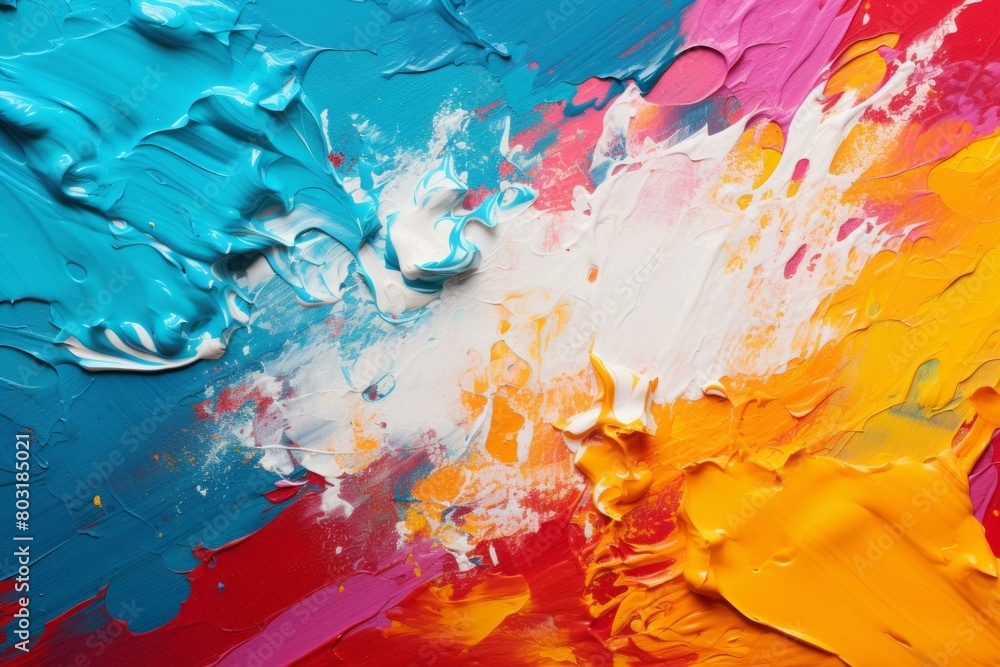 Colorful abstract painting with blue, white, red, yellow, and pink