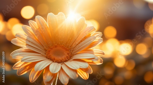 Close-up of a beautiful orange gerbera flower in the morning sunlight with a blurred background