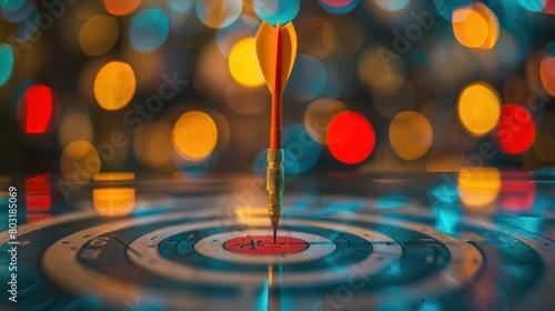The arrow hit the highlighted target. Advertising, marketing and targeting. Right on the bull's-eye. Success. Choose a goal, define a task. Purposefulness and insight. Succeed in work.
