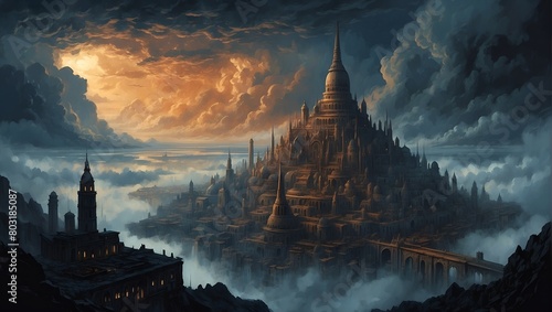 A darkly enchanting cloud city painted in gouache, the central focus being a looming citadel with spires that reach towards the stormy sky