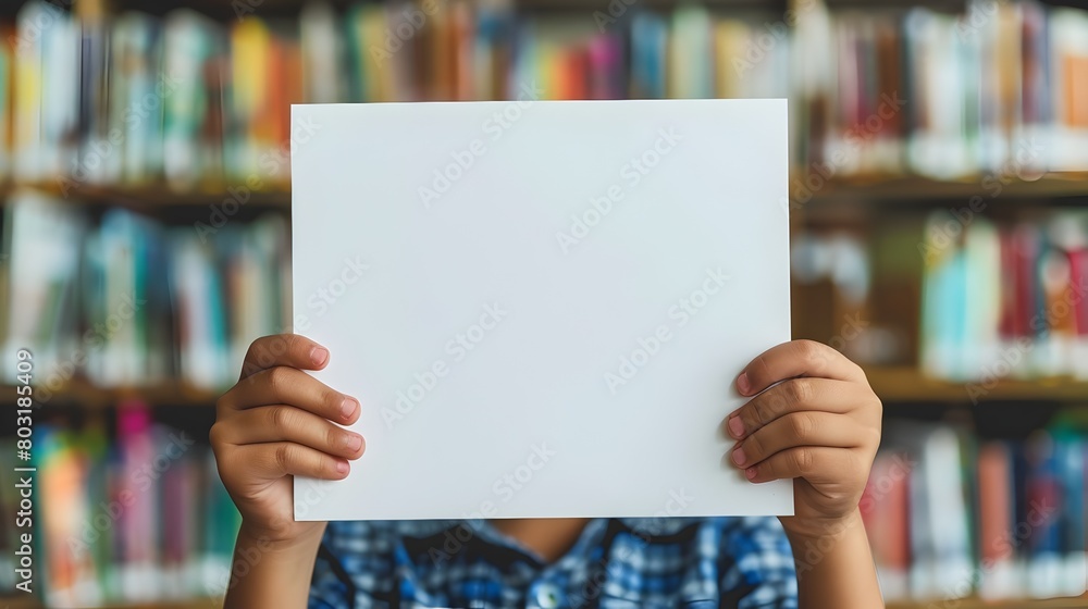 Blank Paper Held by Hand in Library Bookshelves Educational and Creative Concept Blank Paper Held by Hand in Library Bookshelves Educational and Creative Concept