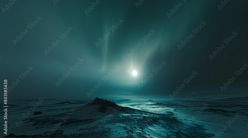 Mysterious arctic landscape with dramatic light piercing through moody skies over icy terrain