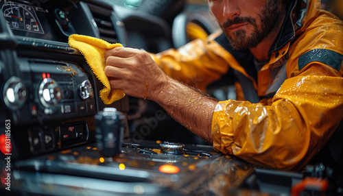 A man is cleaning a car interior with a yellow microfiber cloth,generative ai photo