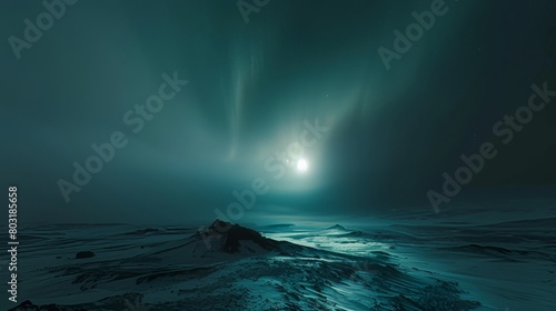 Mysterious arctic landscape with dramatic light piercing through moody skies over icy terrain