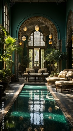 Indoor pool in a beautiful Moroccan style living room with green walls and large windows