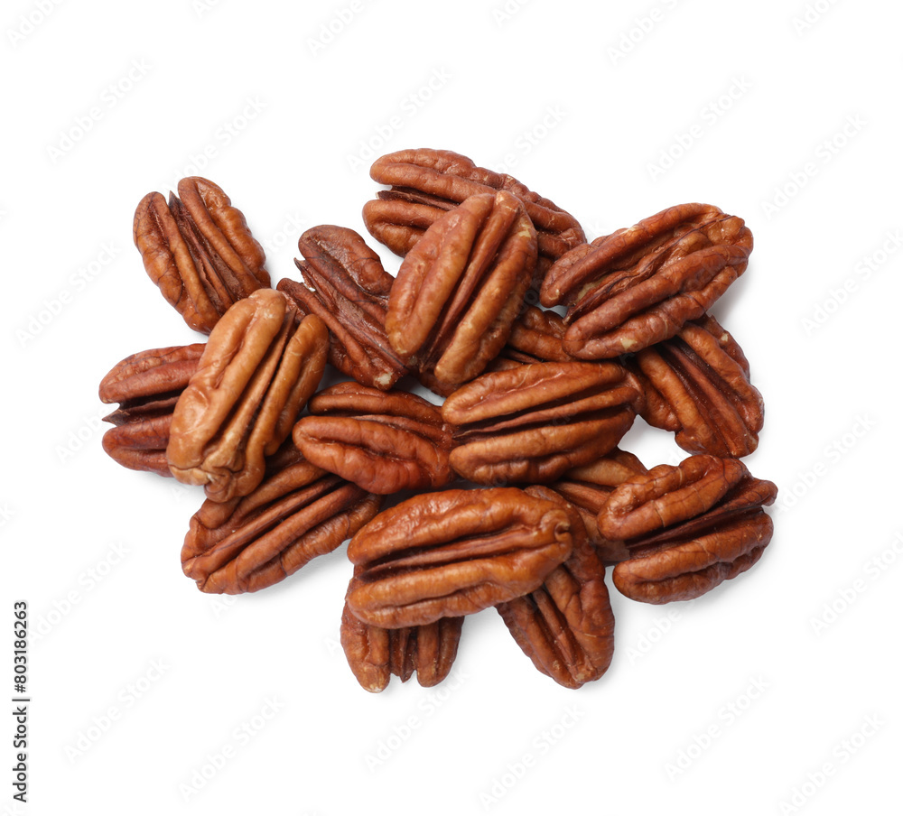 Tasty pecan nuts isolated on white, top view Tasty pecan nuts isolated on white, top view