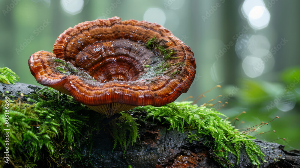 A magazine cover photo featuring a large brown Ganoderma lucidum (reishi mushroom) situated on an isolated branch covered with moss.generative ai A magazine cover photo featuring a large brown Ganoderma lucidum (reishi mushroom) situated on an isolated branch covered with moss.generative ai