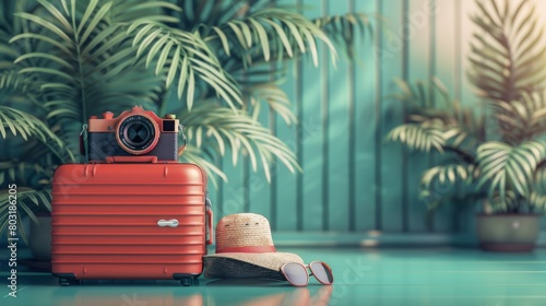 Suitcase camera phone hat and shades set against a travelinspired backdrop  Generated by AI