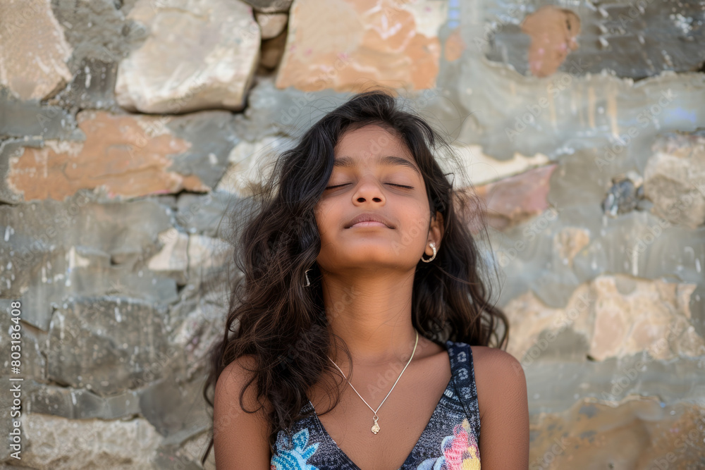 A delightful Indian girl, eyes closed, posing in front of a stone wall, not making eye contact with the camera. A delightful Indian girl, eyes closed, posing in front of a stone wall, not making eye contact with the camera.