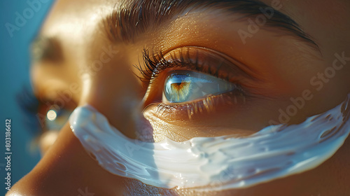 Sun protection with a vibrant and inviting photo. Photograph a close-up shot of sunscreen being applied to the skin, emphasizing the creamy texture and protective properties. photo