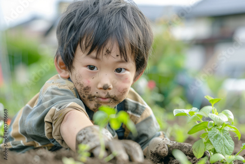 A Japanese boy with dirty hands from gardening, diligently caring for his vegetable garden and planting spring vegetables with enthusiasm. photo