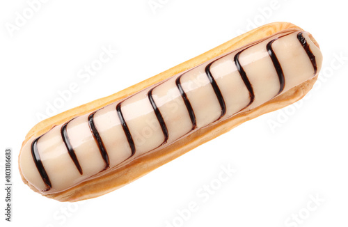 Delicious eclair covered with glaze isolated on white