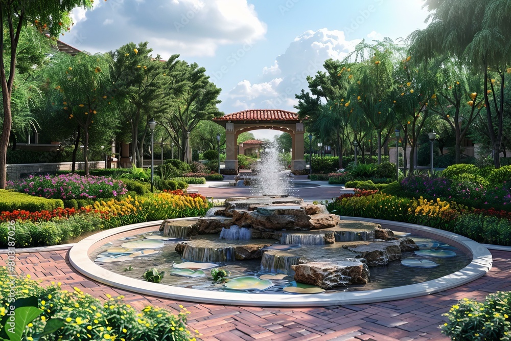 landscaped courtyard with a fountain in the center landscaped courtyard with a fountain in the center