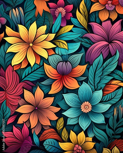 Vivid acid flowers, seamless pattern, bright color scheme, flat vector graphic for wall paper ,  seamless pattern © Amina