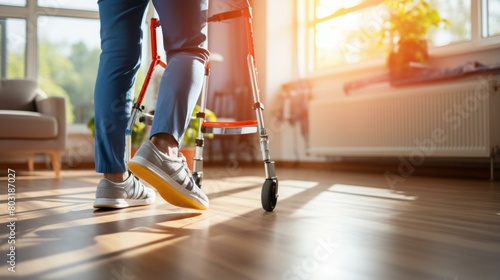 A person walking with a walker in a sunny room