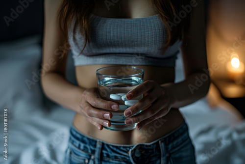 A woman alleviating menstrual pain by taking pills with water, clutching her abdomen due to cramps. Close-up view highlighting conditions like endometriosis causing discomfort in the tummy. photo