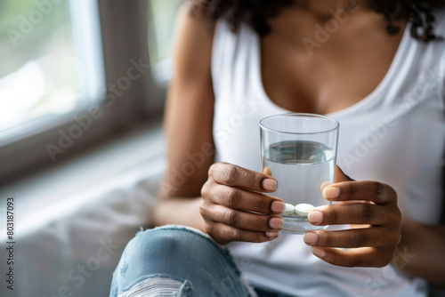 A woman experiencing menstrual pain takes medication with water, clutching her abdomen in discomfort from cramps. Close-up view emphasizing conditions like endometriosis causing pain in the abdomen. photo