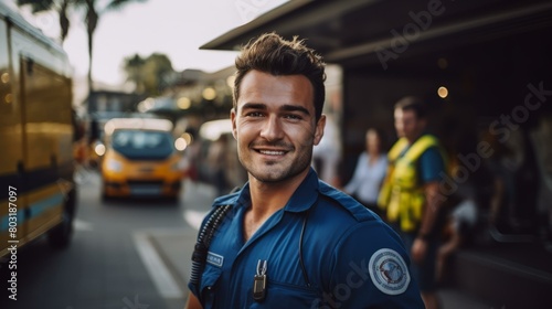Portrait of a smiling young male paramedic in uniform standing outdoors
