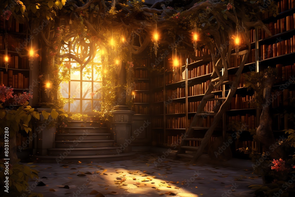 In a serene library setting, depict a mysterious figure with overgrown vines intertwining around old tomes, bathed in soft candlelight rays, all done in photorealistic digital rendering In a serene library setting, depict a mysterious figure with overgrown vines intertwining around old tomes, bathed in soft candlelight rays, all done in photorealistic digital rendering
