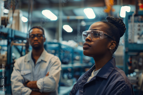 African American female supervisor reprimanding an employee in a modern industrial factory. The worker is being corrected for making a mistake.  photo