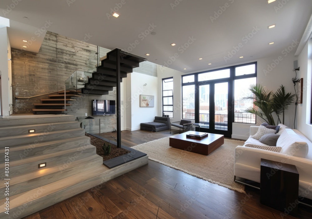 Staircase and living room in a modern house