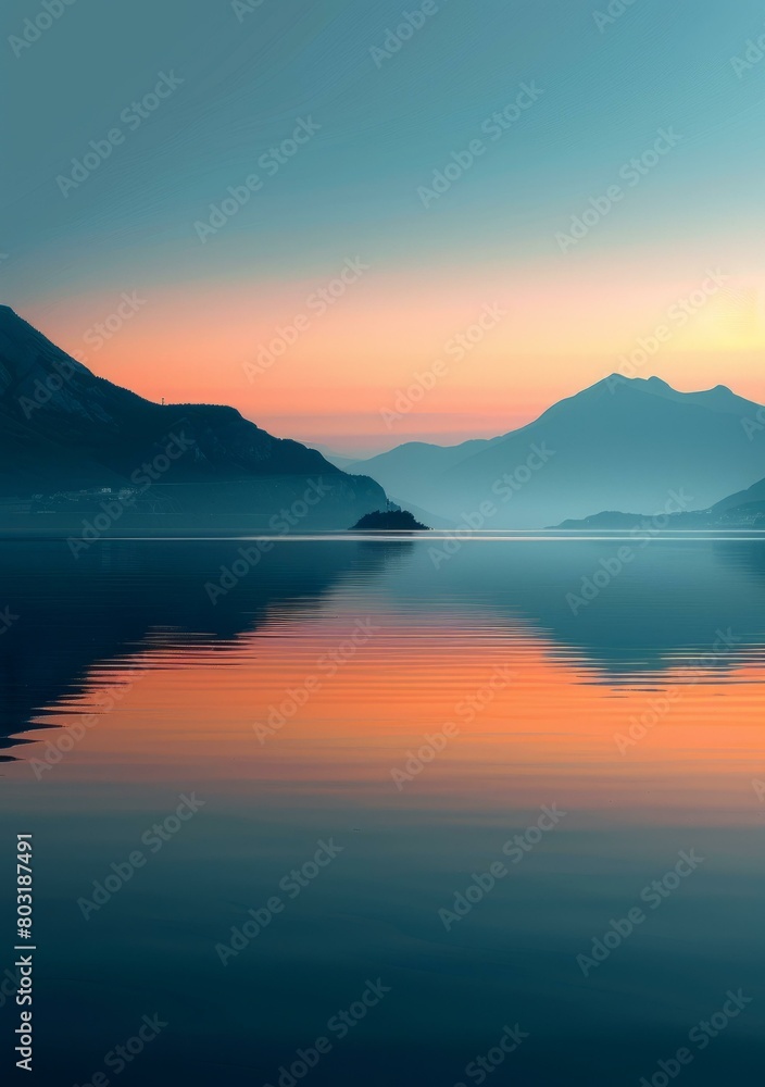 Tranquil Dusk Over Misty Mountains And Still Lake Tranquil Dusk Over Misty Mountains And Still Lake