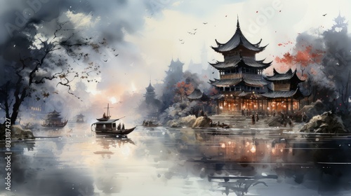 Oriental river town scenery