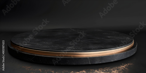   A black pedestal with gold accents showcasing beauty cosmetic products on a stone podium display , Pedestal display stand with a modern black stone and gold black  background
 photo