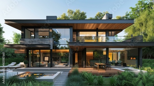 Modern luxury house exterior design with pool and garden © Adobe Contributor