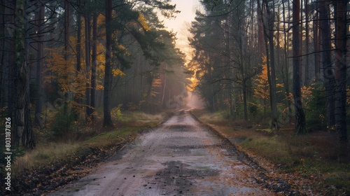 A dirt road through a forest with a beautiful sunrise