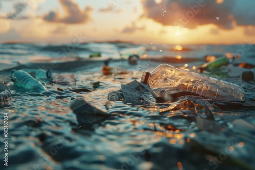 A collection of plastic bottles drifting on the oceans surface, highlighting the environmental issue of marine pollution.