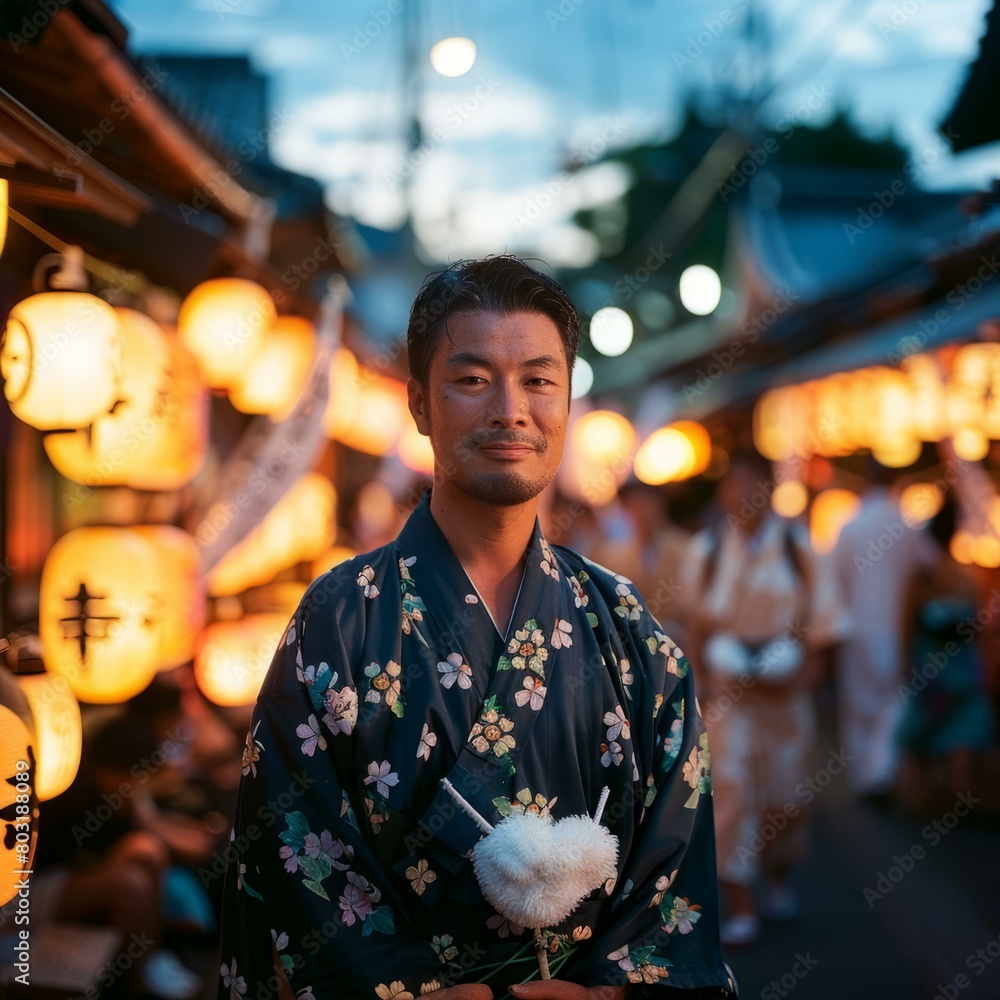 Fototapeta premium Portrait of a Japanese man wearing a yukata at a summer festival