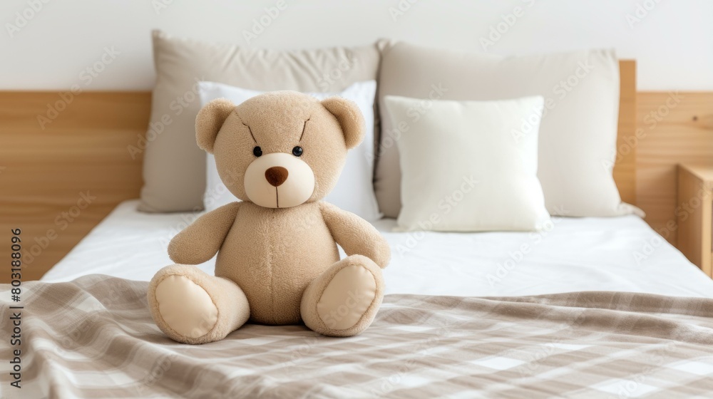 A cute teddy bear sitting on a bed with a blanket