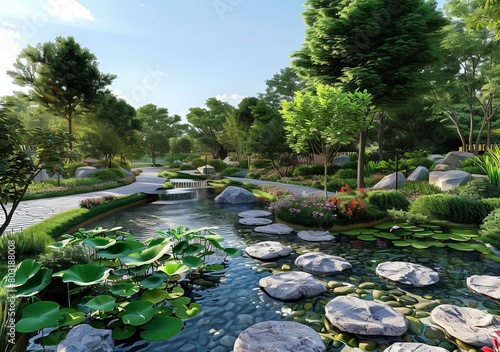 Stepping Stones in a Landscaped Garden with a Stream