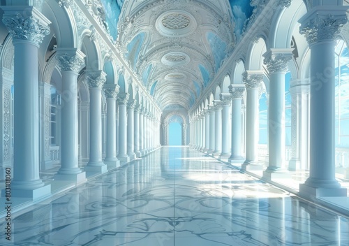 An empty grand hall with marble floor and arched ceiling photo