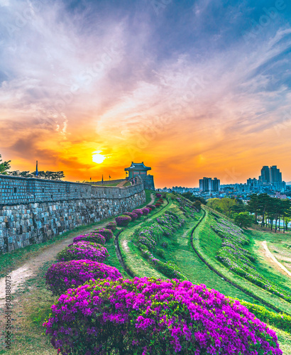 Billede på lærred Sunset at Hwaseong Fortress It is a UNESCO World Heritage Site