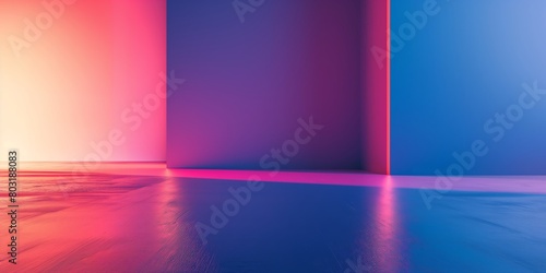 An abstract image displaying a corner of an interior space illuminated with vibrant neon lighting in pink and blue shades