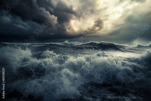 Immense power is captured as turbulent waves surge under a dramatic stormy sky captured with a moody, cinematic quality