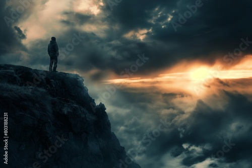 A lone figure stands on the edge of a mountain cliff, looking out over the clouds and sunset, evoking feelings of solitude and contemplation
