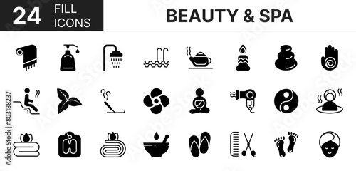 Collection of 24 Beauty & Spa fill icons featuring editable strokes. These outline icons depict various modes of Beauty & Spa. Therapy, face, solarium, set, 