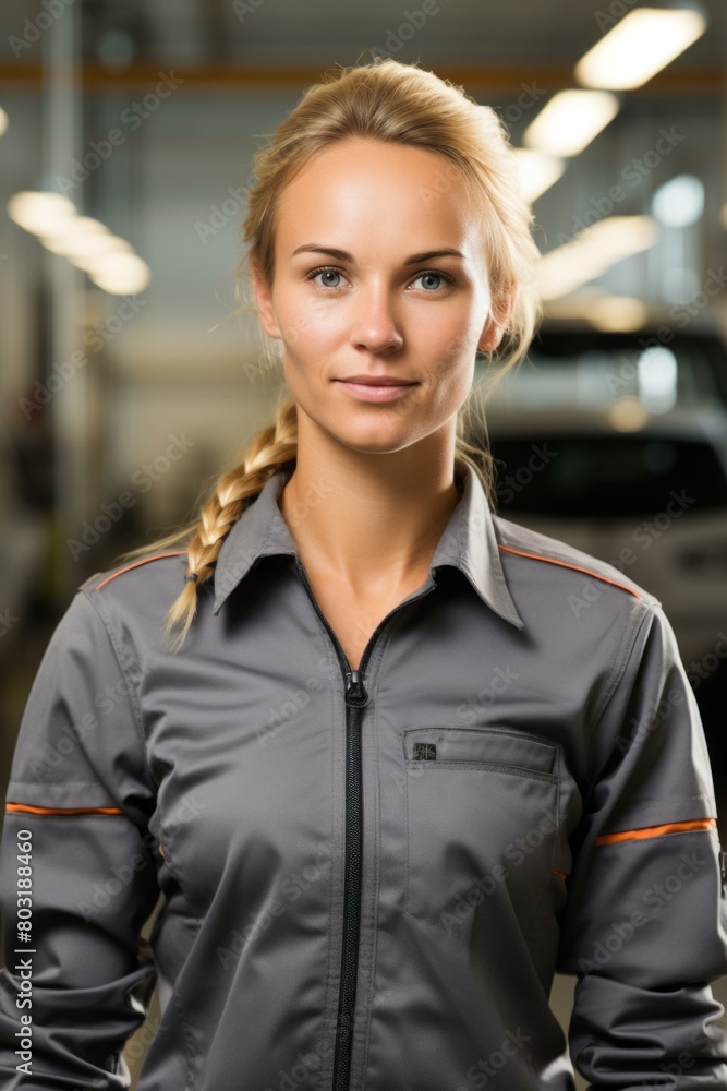 portrait of a female mechanic in a gray uniform