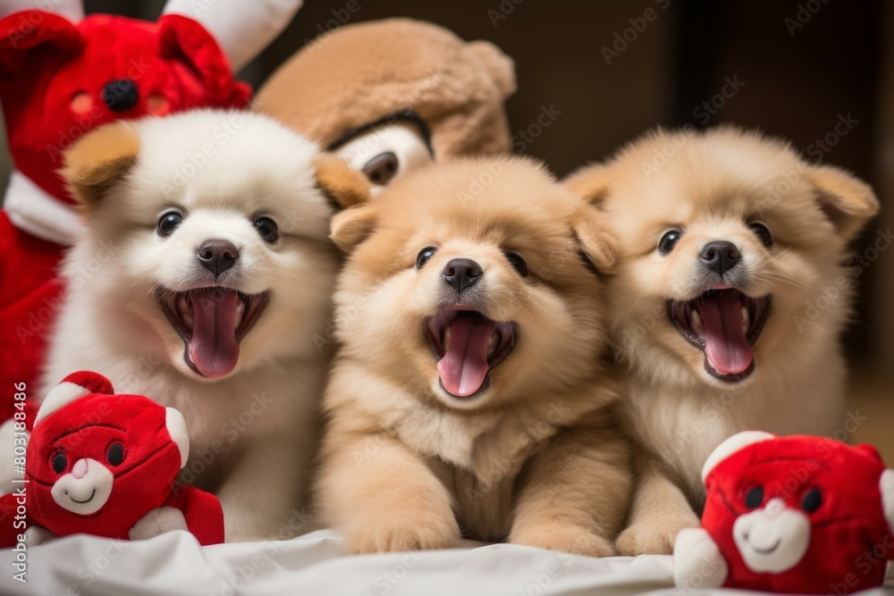 Three happy puppies with red and brown teddy bears Three happy puppies with red and brown teddy bears