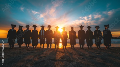 Diverse Graduates Celebrating Academic Achievement on Beach at Sunset