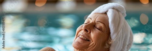 Senior wrapped in a towel with a head wrap, relaxing by a poolside in a tranquil spa environment photo