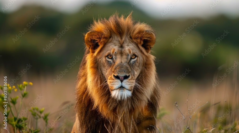Close-up portrait of a male lion with a golden mane